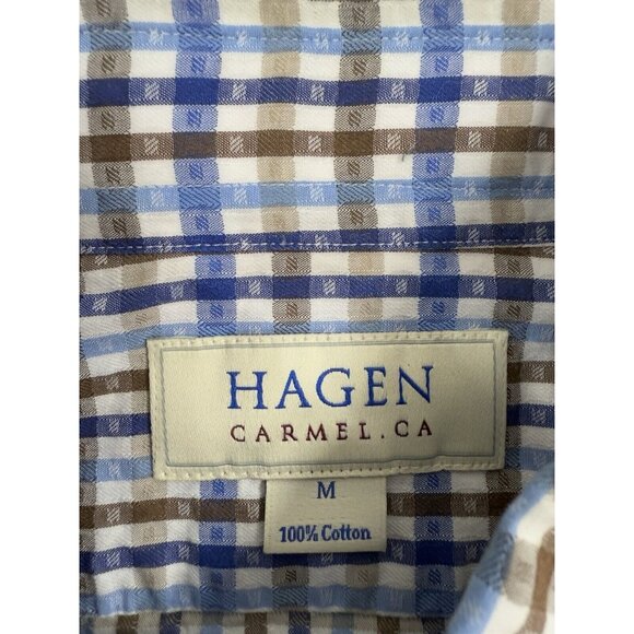 Hagen Carmel CA Shirt Mens Size Medium Blue Brown Check Stripes Business Preppy - Picture 7 of 10
